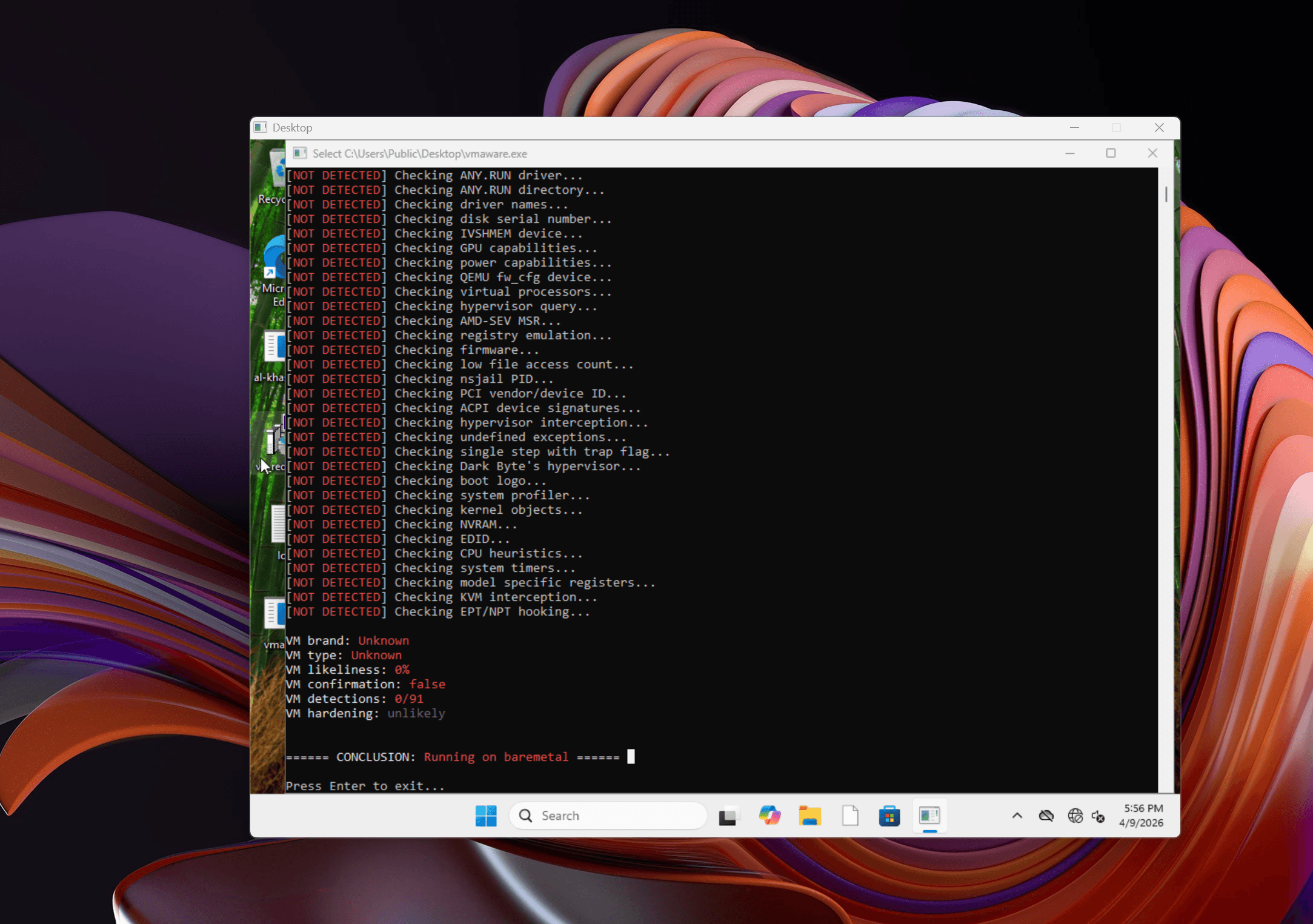 VMAware detection suite running inside an ONYX session. Final verdict: Running on baremetal.